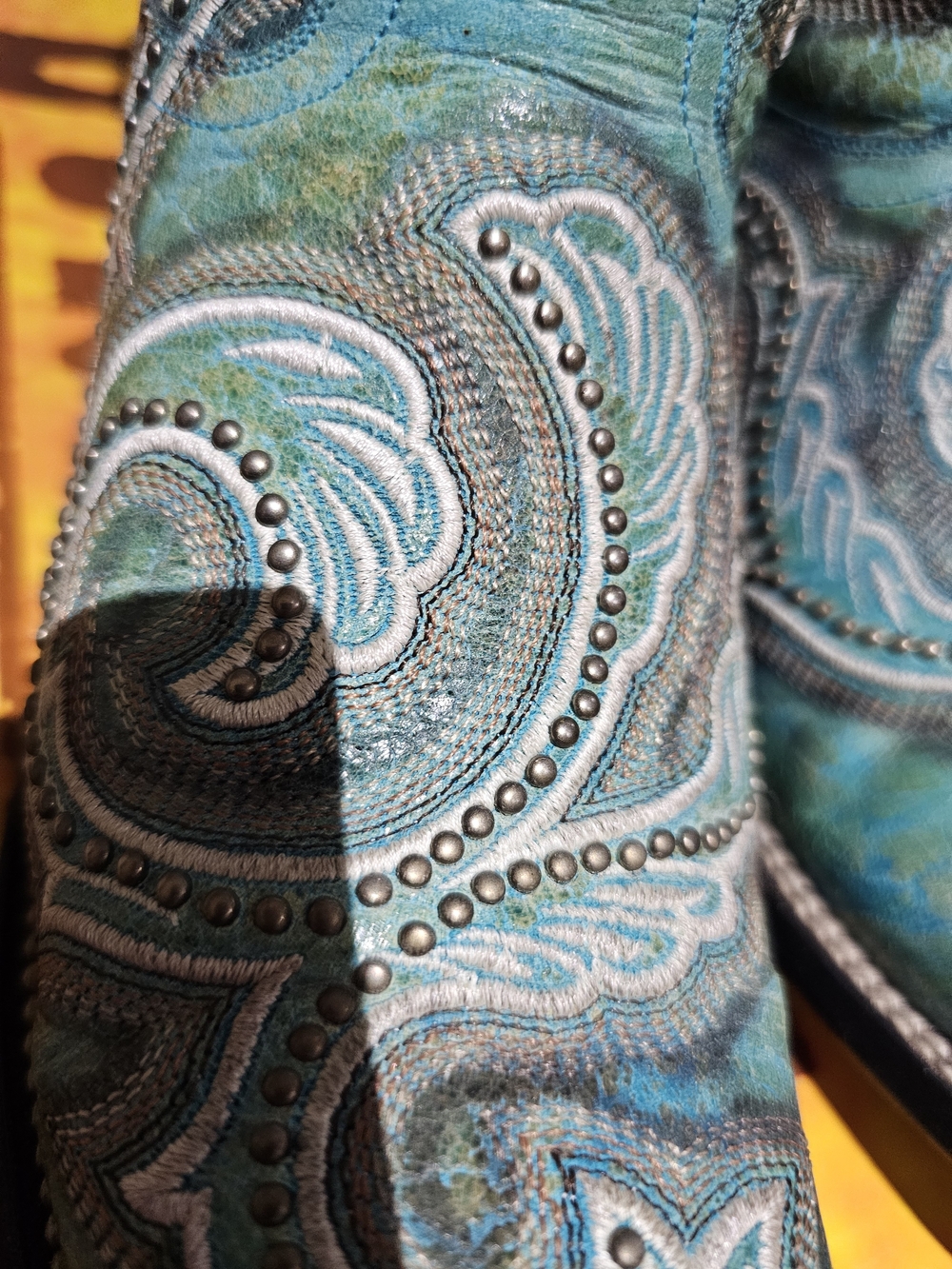 Turquoise Embroidered & Mini Studs Western Heeled Boots - Picture 3 of 12
